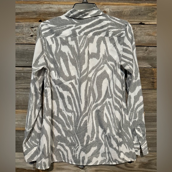 MK Michael Kors Gray White zebra print long sleeve button front top - Picture 3 of 6
